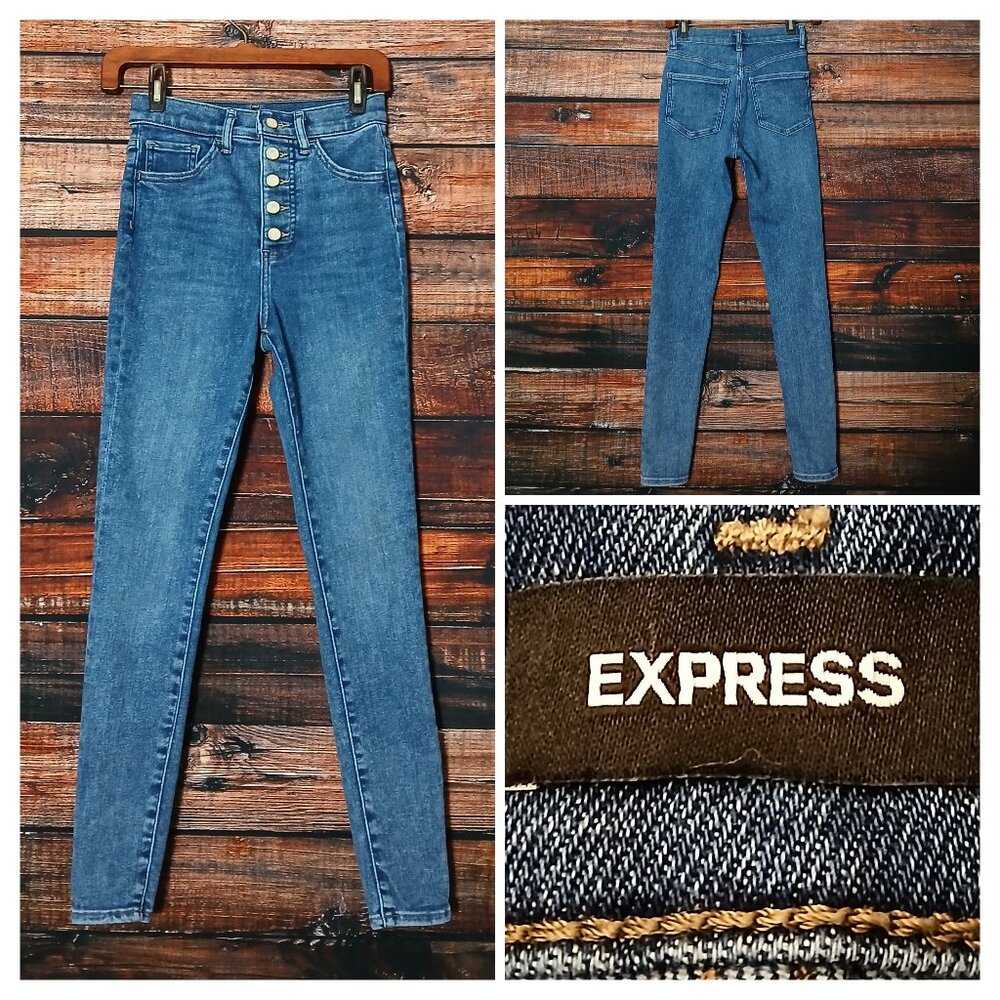 Express Jeans 0 Skinny Super High Rise Button Fly Blue Denim Stretch